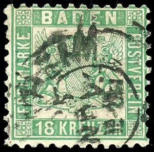 Baden 18 Kr. Green, used two ring cancel ... 