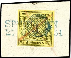 Württemberg 3 Kr. auf gelb, allseits voll ... 