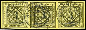 Württemberg 3 Kr. auf gelb, waager. ... 