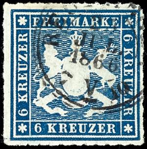Württemberg 6 Kreuzer dunkelblau, tadellos ... 