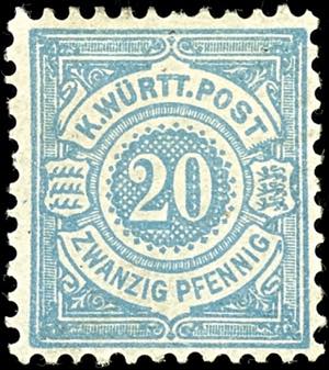 Wuerttemberg 20 Pfg greenish-blue, unused ... 