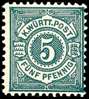 Wuerttemberg 5 Pfg postal stamp, black blue ... 