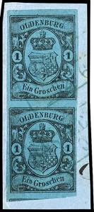 Oldenburg 1 Gr. auf blau, senkrechtes Paar, ... 