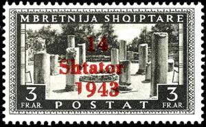 Albania 3 Fr. Postal stamp with overprint ... 