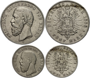 Baden 2 und 5 Mark, 1876 bzw. 1888, ... 