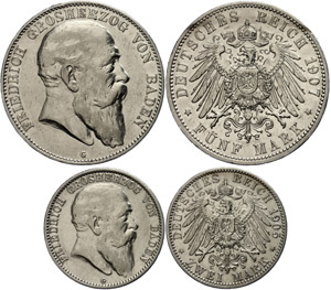 Baden 2 und 5 Mark, 1905 bzw. 1907, ... 