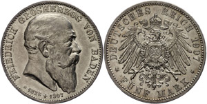 Baden 5 Mark, 1907, Friedrich, auf seinen ... 