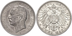 Baden 2 Mark, 1913, Friedrich II., ss-vz., ... 