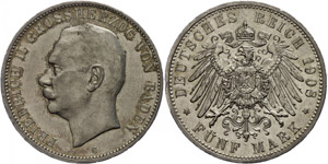 Baden 5 Mark, 1908, Friedrich II., small ... 