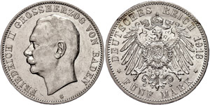 Baden 5 Mark, 1913, Friedrich II., extremly ... 