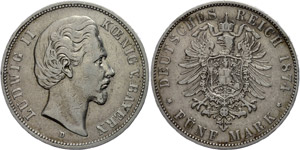 Bavaria 5 Mark, 1874, Ludwig II., s very ... 