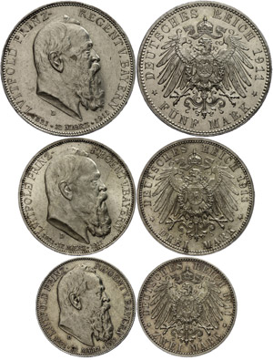 Bavaria 2, 3 and 5 Mark, 1911, Luitpold, 90. ... 