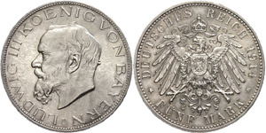 Bavaria 5 Mark, 1914, Ludwig III., small ... 