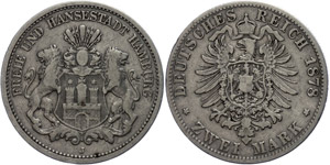 Bremen 2 Mark, 1878, coat of arms, s, ... 