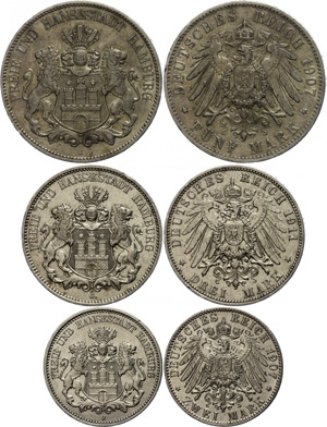 Hamburg 2, 3 and 5 Mark, 1907 / 11 / 07, ... 