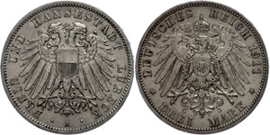 Lübeck 3 Mark, 1911, double eagle, s very ... 