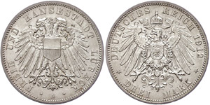 Lübeck 3 Mark, 1912, small edge nick, ... 