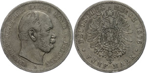Prussia 5 Mark, 1876, Wilhelm I., embossing ... 