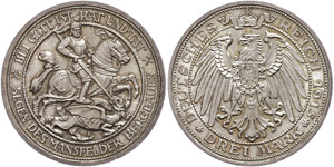Prussia 3 Mark, 1915, Mansfeld, watermark. ... 