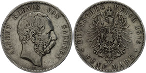 Saxony 5 Mark, 1876, Albert, very fine, ... 