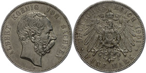 Saxony 5 Mark, 1901, Albert, very fine, ... 