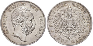 Saxony 5 Mark, 1902, Albert, contact marks, ... 