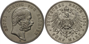 Saxony 5 Mark, 1904, Georg, margin fault, ... 