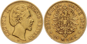 Bavaria 10 Mark, 1878, Ludwig II., very ... 