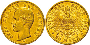 Bavaria 20 Mark, 1895, Otto, small edge ... 