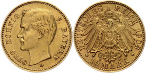 Bavaria 10 Mark, 1878, Otto, very fine, ... 