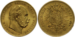 Prussia 10 Mark, Wilhelm I., Mzz A, small ... 