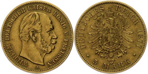 Prussia 5 Mark, 1877, Wilhelm I., Mzz A, ... 