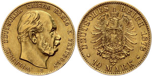 Prussia 10 Mark, 1878, Wilhelm I., embossing ... 