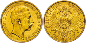 Prussia 20 Mark, 1908, Wilhelm II., contact ... 