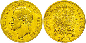 Saxony 10 Mark, 1872, Johann, very fine., ... 
