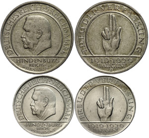 Coins Weimar Republic 3 and 5 Reichmark, ... 