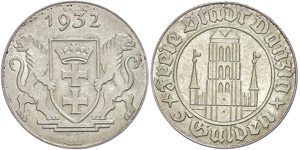 Coins German Areas Gdansk, 5 Guilder, 1932, ... 