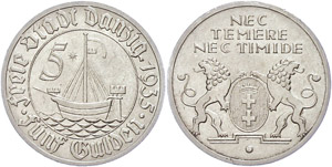 Coins German Areas Gdansk, 5 Guilder, 1935, ... 