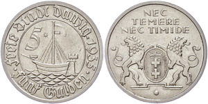 Coins German Areas Gdansk, 5 Guilder, 1935, ... 