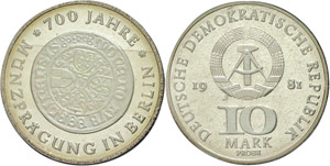 GDR 10 Mark, 1981, 700 years stamping ... 