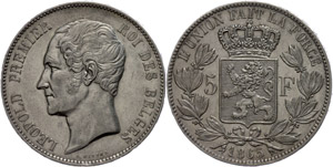 Belgium 5 Franc, 1865, Leopold, small edge ... 