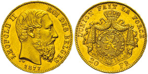 Belgium 20 Franc, gold, 1877, Leopold II., ... 