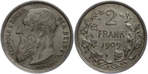 Belgium 2 Franc, 1909, Leopold II., Fields ... 