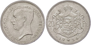 Belgium 20 Franc, 1934, Albert I., the ... 