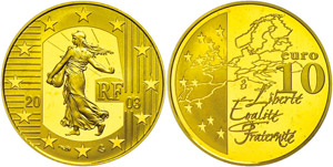 France 10 Euro, gold, 2003, Semeuse, KM ... 