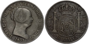 Spain 10 Real, 1854, Isabella II., margin ... 