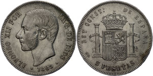 Spain 5 Pesetas, 1885, Alfonso XII., small ... 