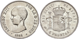 Spain 5 Pesetas, 1888, Alfonso XIII., Dav. ... 
