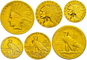 Coins USA 2 + - 10 Dollars, gold, Set ... 