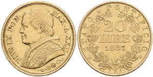 Papal States 20 liras, Gold, 1867, Pius IX, ... 